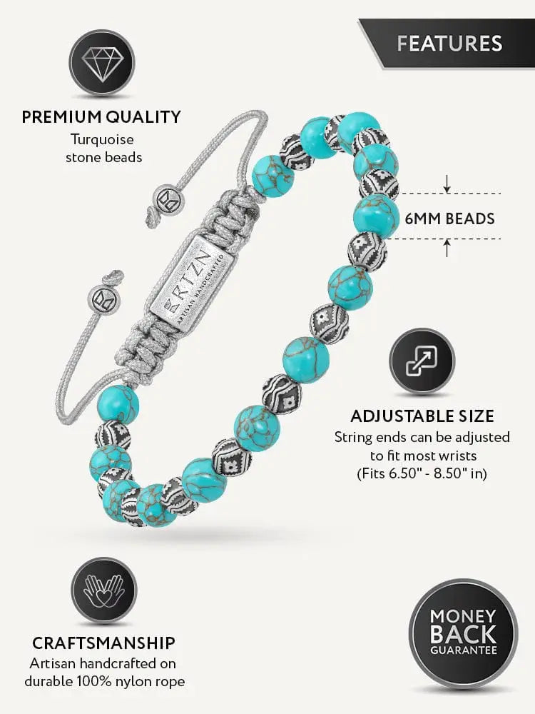 Native turquoise and silver beaded bracelet with toggle clasp made of turquoise stone beads and silver-toned metal accents on nylon rope