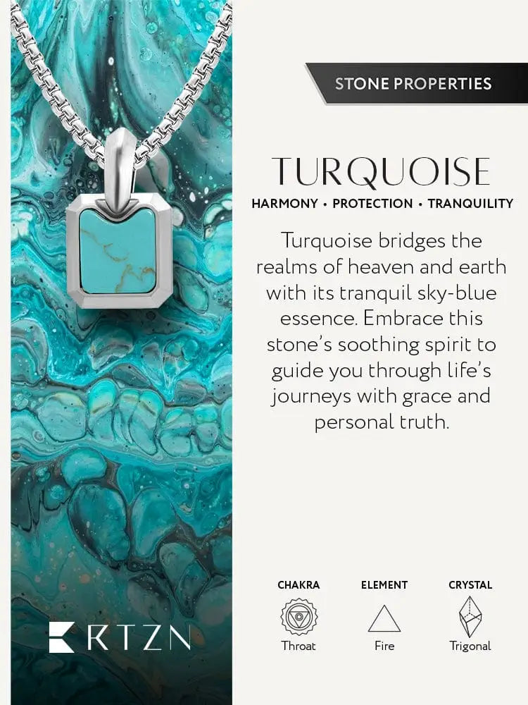 A brushed stainless steel pendant necklace with a rectangular turquoise stone set in a sleek silver-toned frame