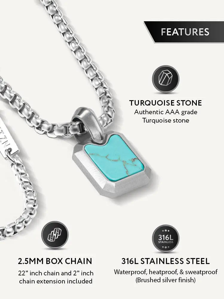 A sleek silver pendant necklace featuring a rectangular turquoise stone set in brushed 316L stainless steel