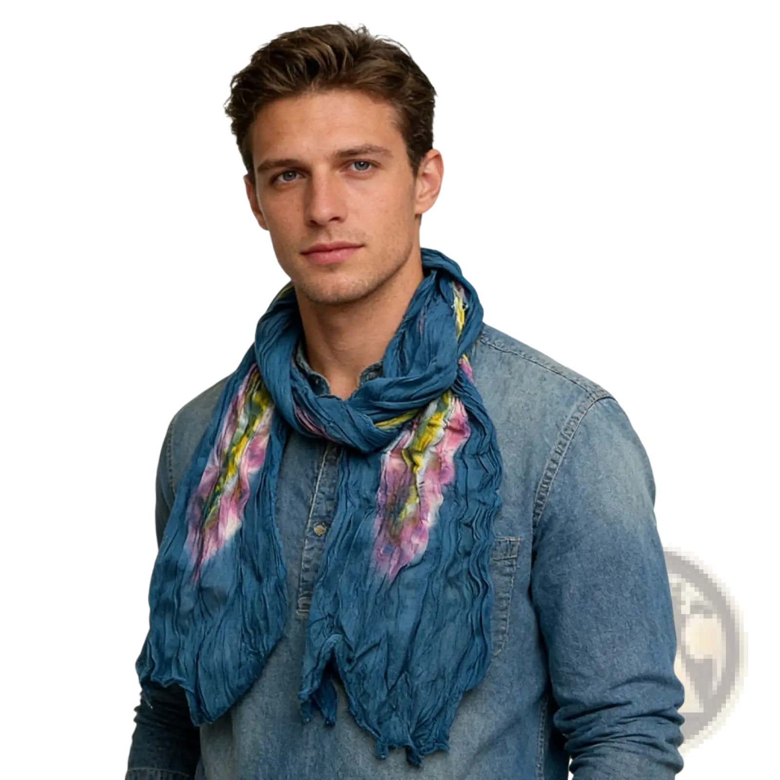 A textured deep blue cotton crinkle scarf with a vibrant pink and yellow floral pattern featuring a turquoise tie dye effect