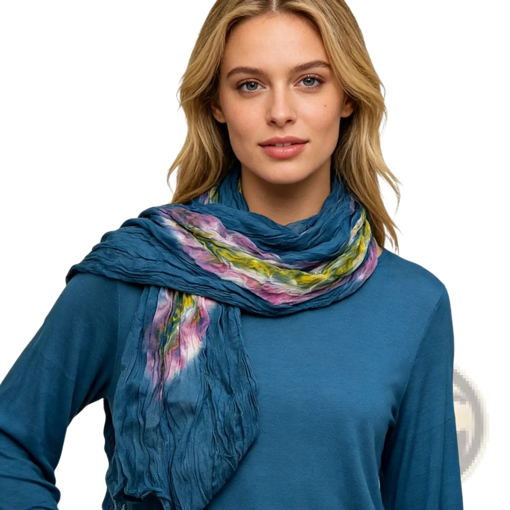 A soft turquoise tie dye cotton crinkle scarf with a vibrant pink yellow and green pattern draped around a model’s neck