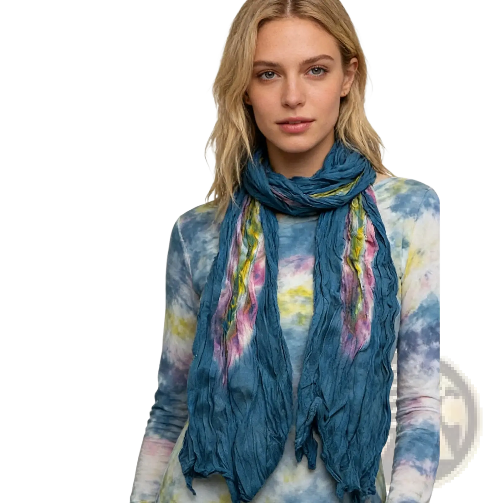 Turquoise tie dye cotton crinkle scarf with textured teal base and vibrant pink and yellow streaks draped around the neck