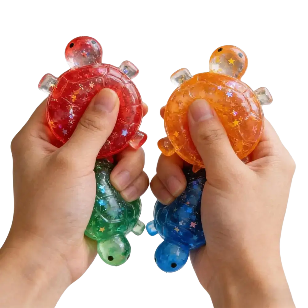 Colorful translucent silicone turtle toy with star-shaped glitter for stress relief and fidget toy use