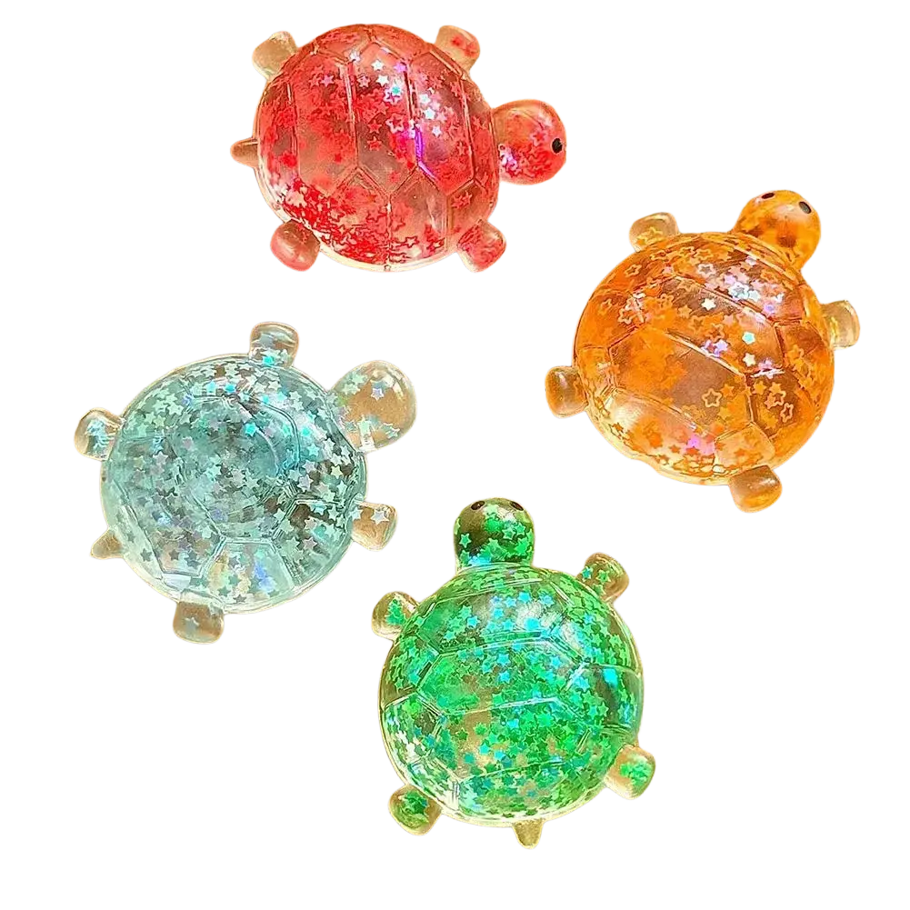 Four colorful translucent turtle toy fidget toys with glittery star patterns for soft squeeze stress relief