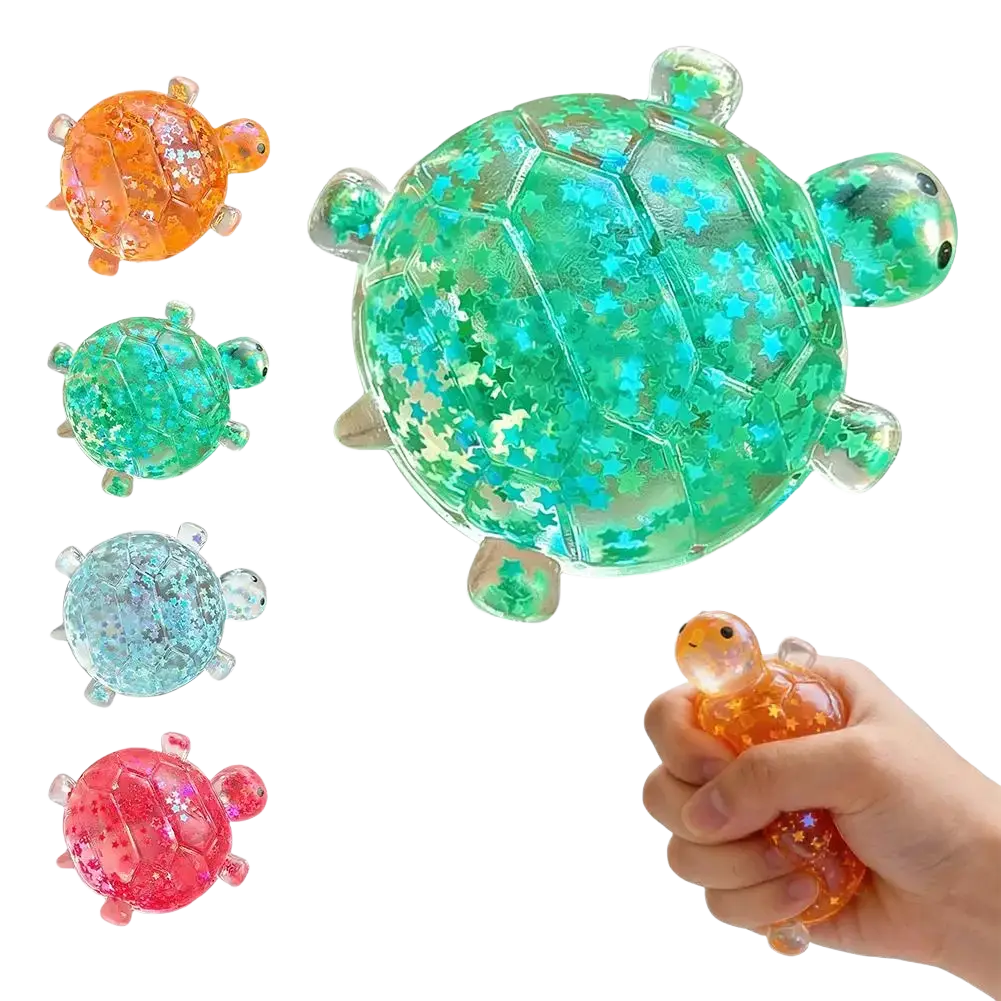 A translucent green turtle toy fidget toy stress ball filled with sparkling star confetti for soft squeeze relief