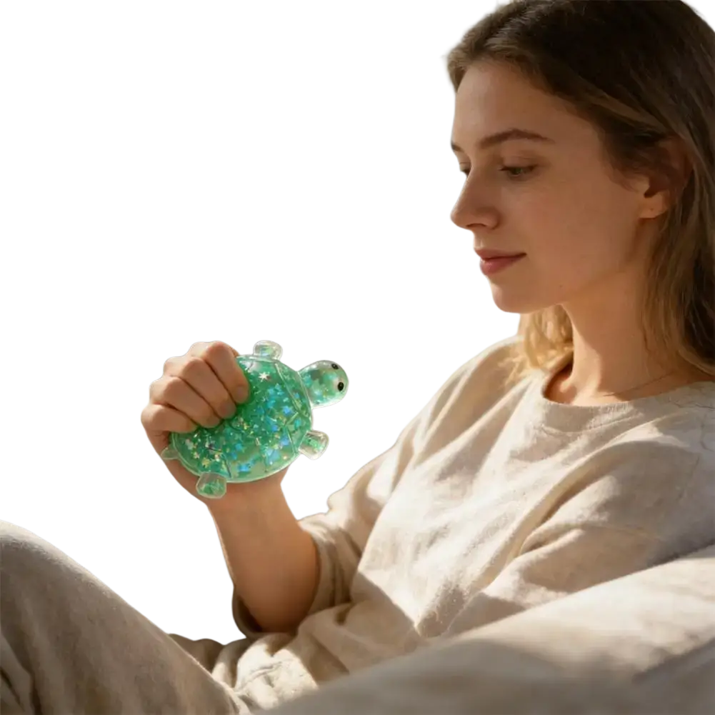 A translucent green turtle toy fidget stress ball with embedded glitter particles for soft squeeze relief