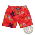 Vilebrequin men’s bright red quick drying swim trunks with multicolored turtle pattern for beach use