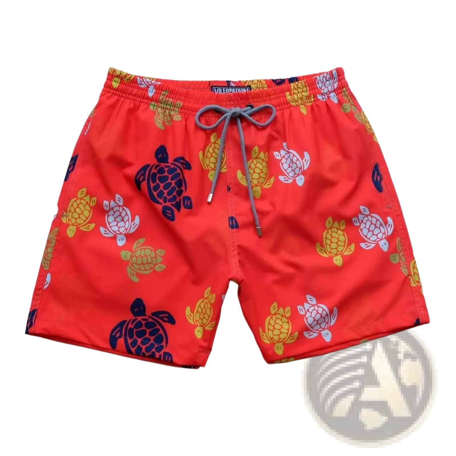 Vilebrequin men’s bright red quick drying swim trunks with multicolored turtle pattern for beach use