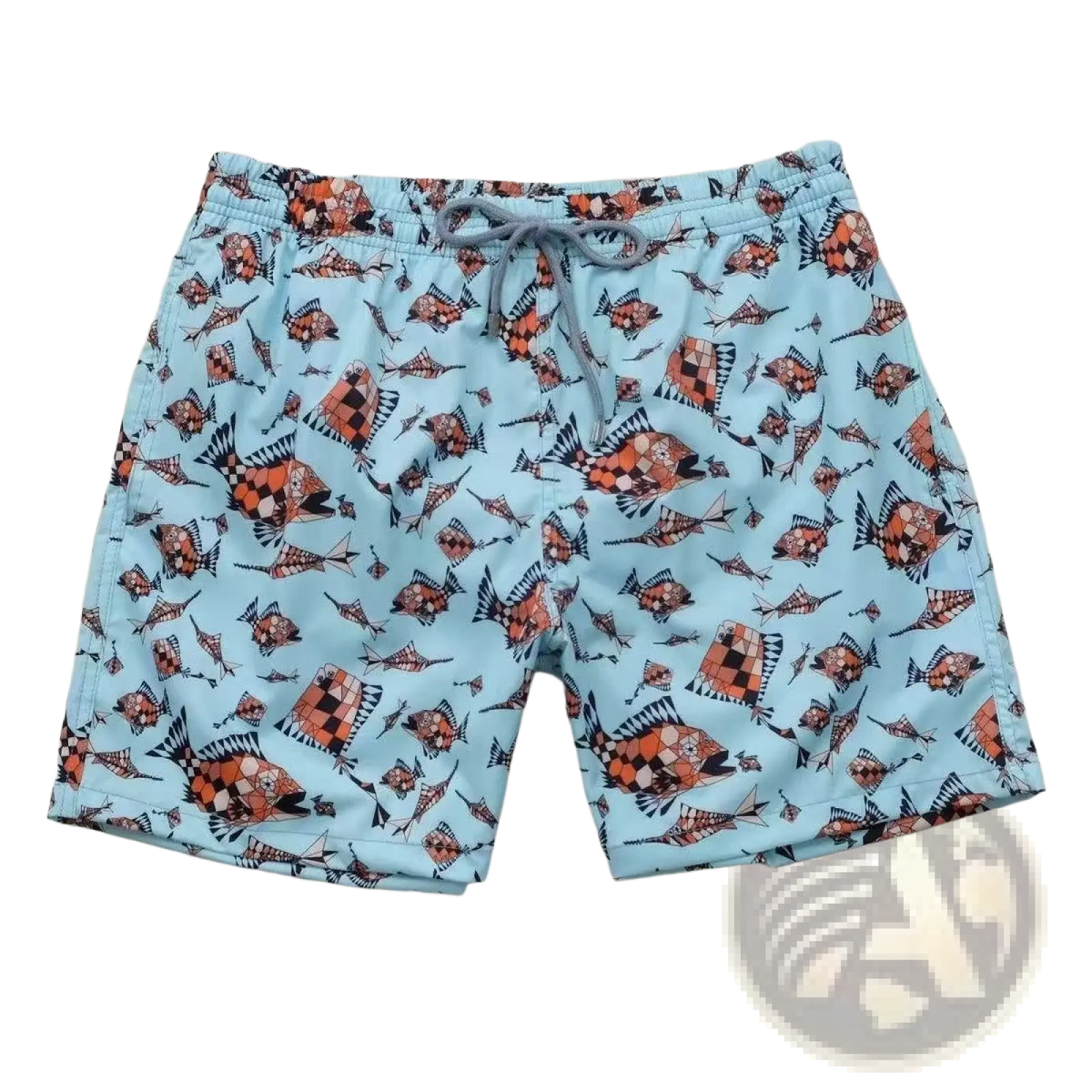 Light blue Turtle quick drying beach pants with orange and black checkered fish pattern and spiky fins design