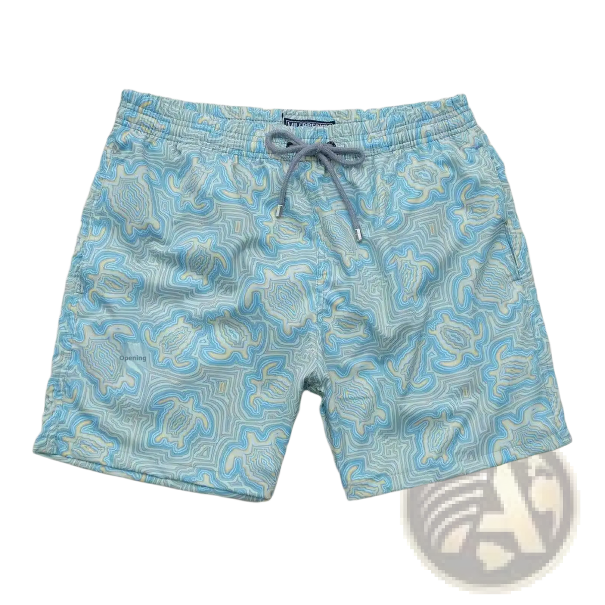 Light blue turtle quick drying beach pants with subtle abstract wave pattern in varying blue and white shades