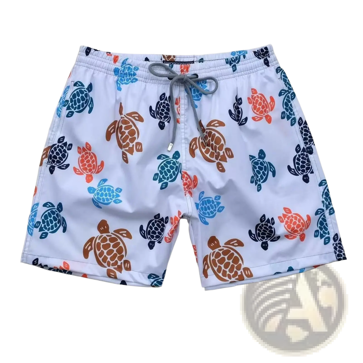 White turtle quick drying beach pants with playful orange blue navy turtle pattern and gray drawstrings
