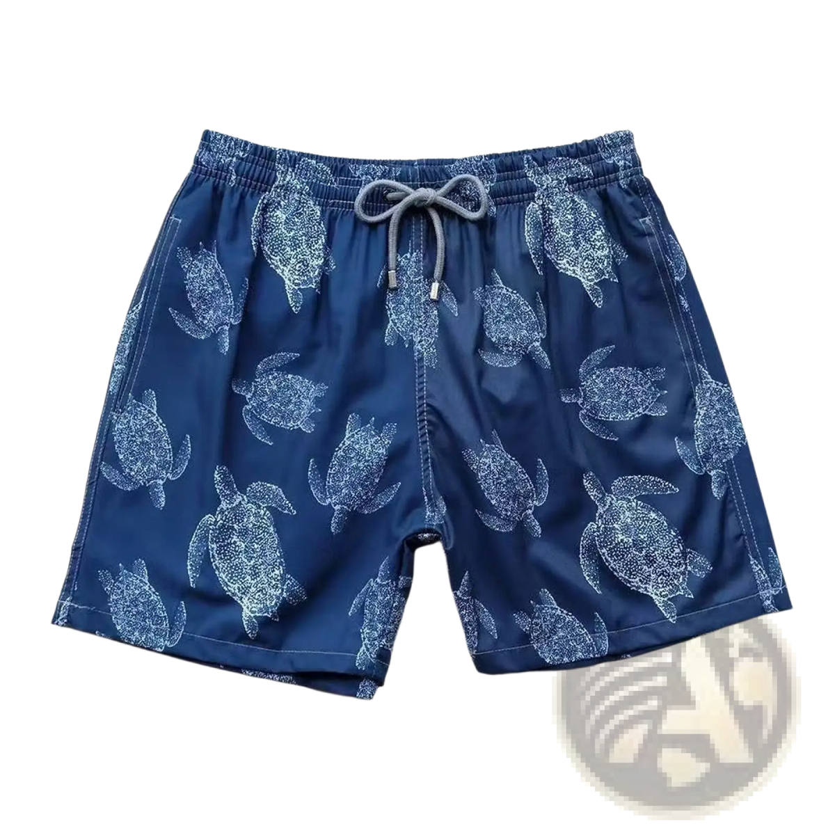 Navy blue turtle quick drying beach pants with white sea turtle pattern, dotted detailing, and gray drawstring waistband