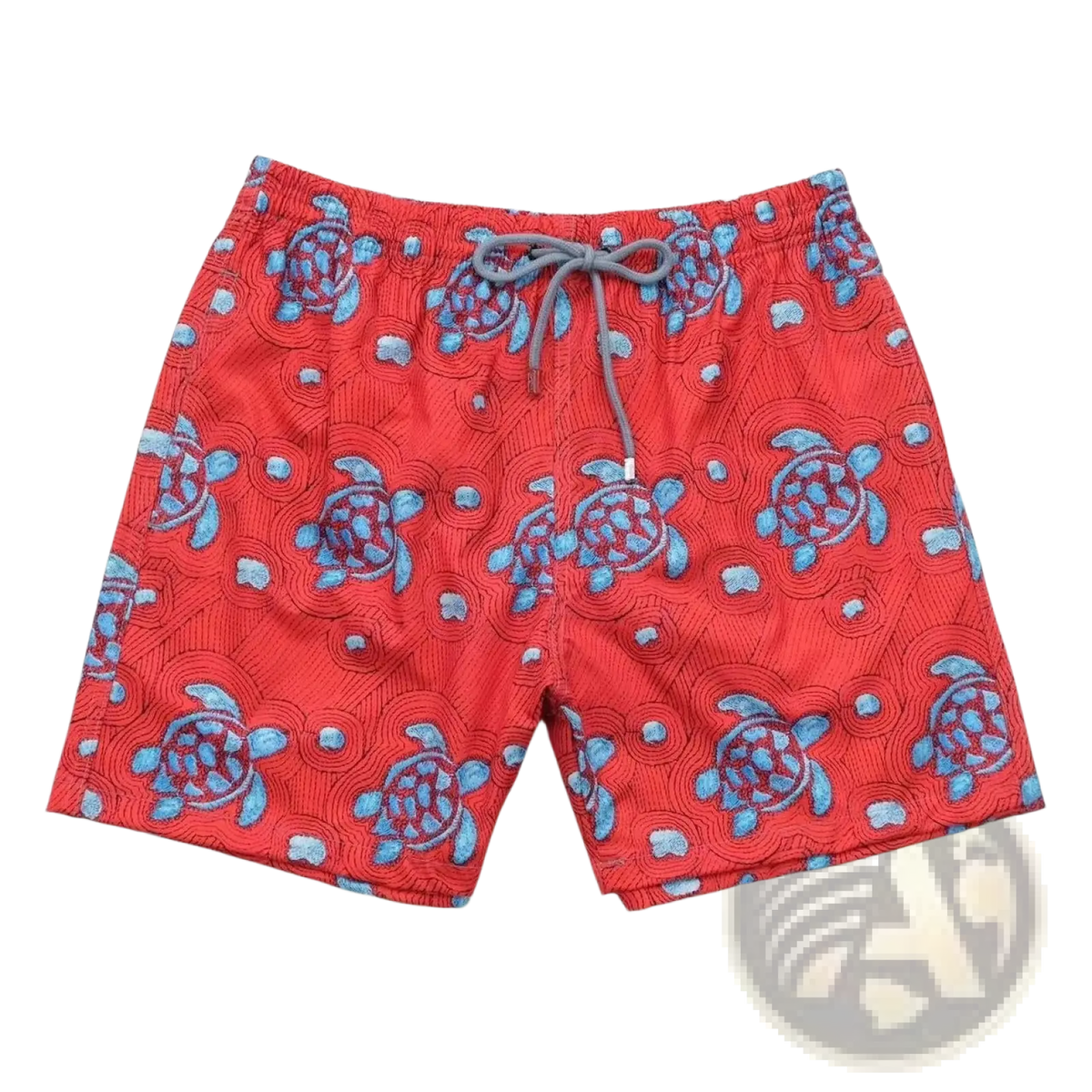 Red quick drying beach pants with light blue and white turtle pattern on textured fabric and gray waist drawstrings