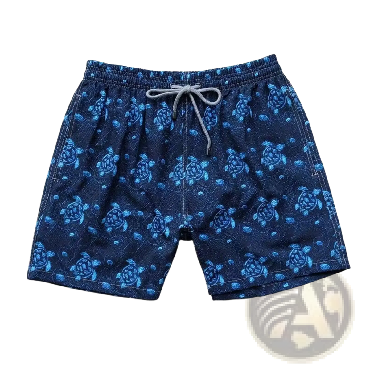 Dark blue quick drying beach pants with a lighter blue sea turtle and shell pattern for swimwear use