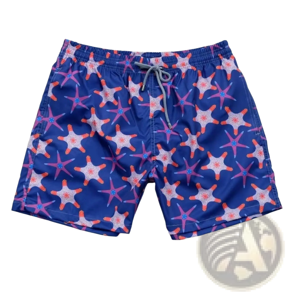 Turtle quick drying beach pants in blue with vibrant pink and white starfish pattern and gray drawstrings for swim use