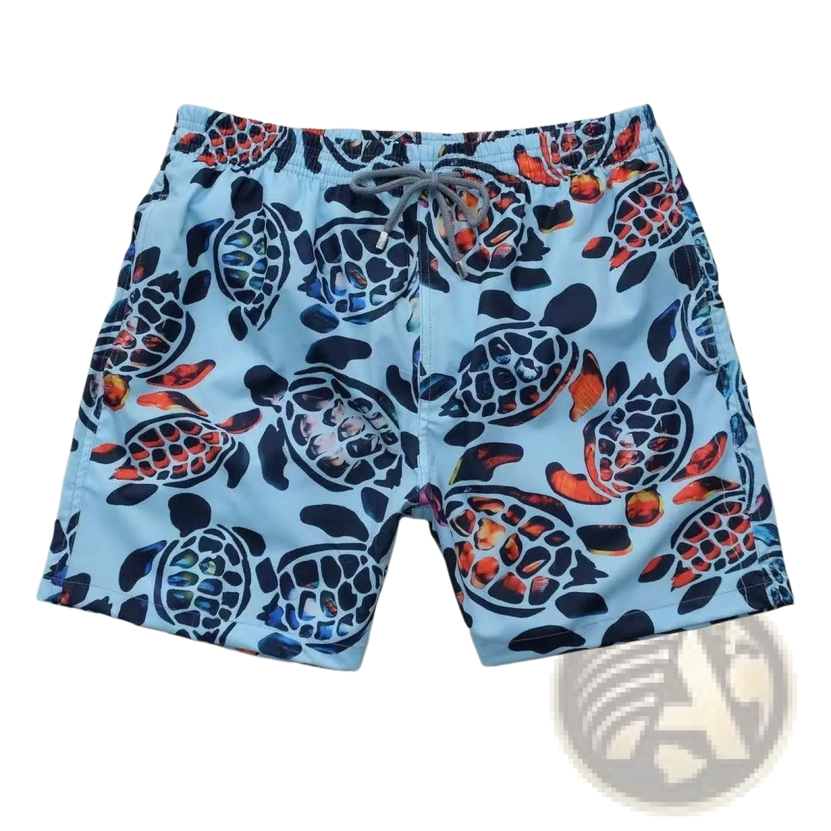 Light blue turtle quick drying beach pants with vibrant navy orange and red stylized turtle pattern and black outlines