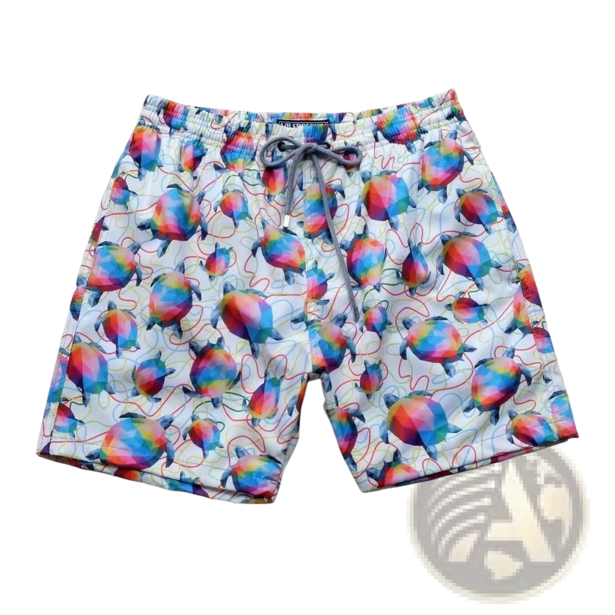White quick drying beach pants with multicolored turtle pattern and thin red lines for swimwear use