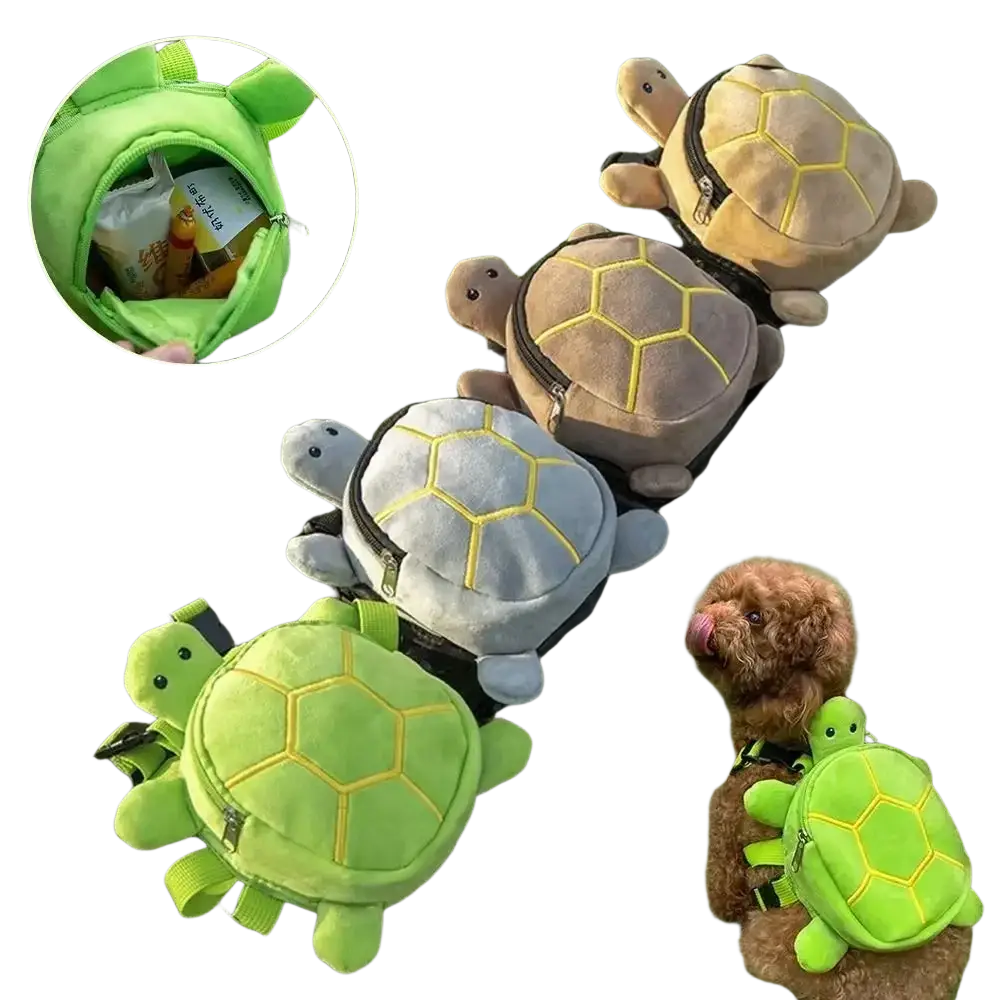 Bright green plush turtle shape dog backpack with yellow stitching and zipper closure for pet carrying