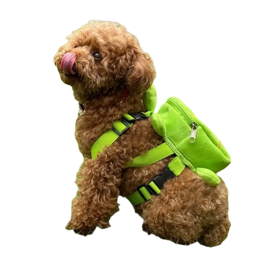 A bright lime green turtle shape dog backpack with black straps and zipper designed as a plush pet carrier