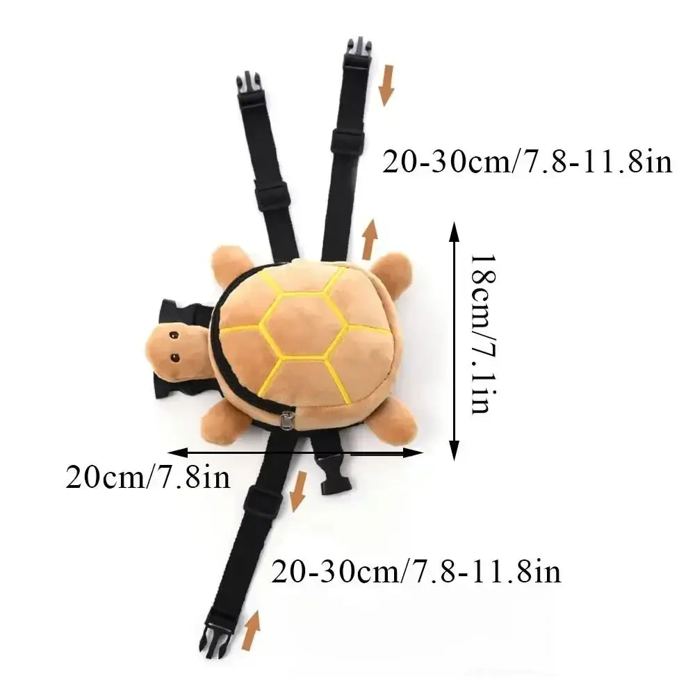 Plush turtle shape dog carrier with tan body yellow hexagonal shell pattern and black adjustable straps for pets
