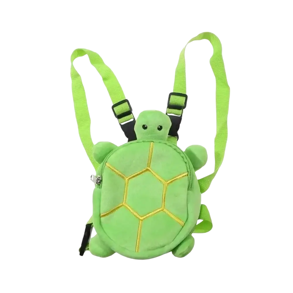 A soft lime green turtle shape dog backpack plush pet carrier with yellow embroidered shell and black adjustable straps