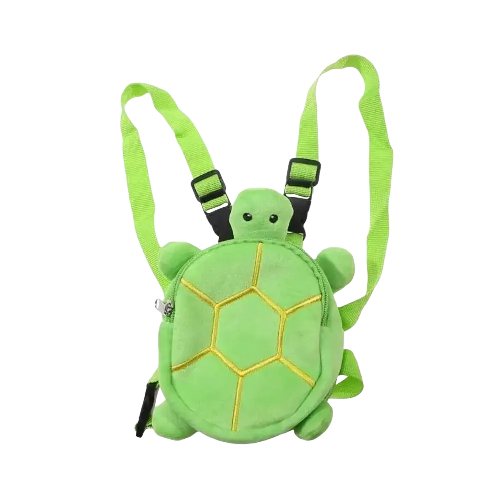 Soft lime green plush turtle shape dog backpack with yellow embroidered shell patterns and adjustable straps