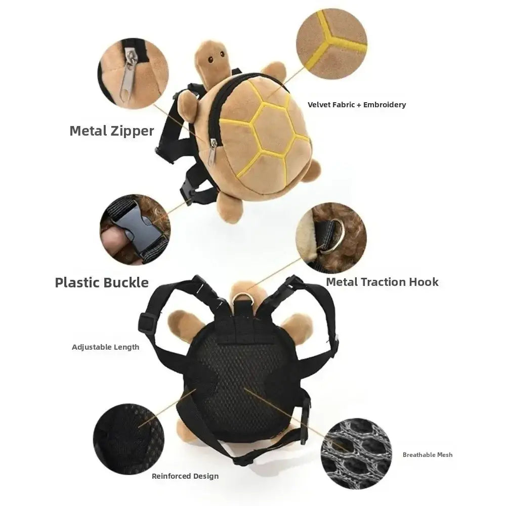 Tan plush turtle shape dog backpack with black straps and yellow embroidered shell details for pet carrying