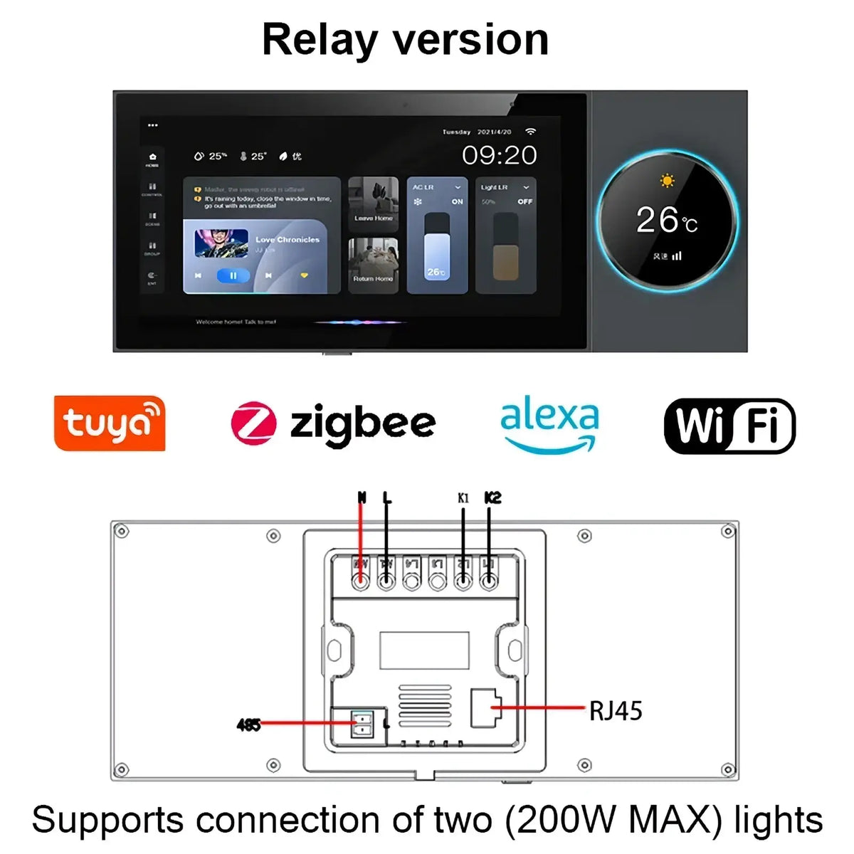 Tuya smart home control panel and audio amplifier in black with touchscreen and circular temperature gauge compatible with tuya zigbee alexa and wi-fi