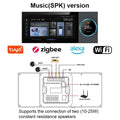 Black touchscreen tuya smart home control panel and audio amplifier with circular temperature display and connectivity icons
