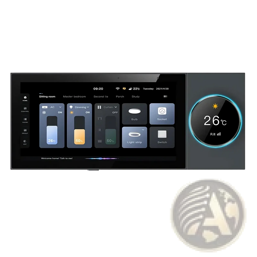 Black Tuya smart home control panel with touchscreen interface and circular digital temperature display for home automation