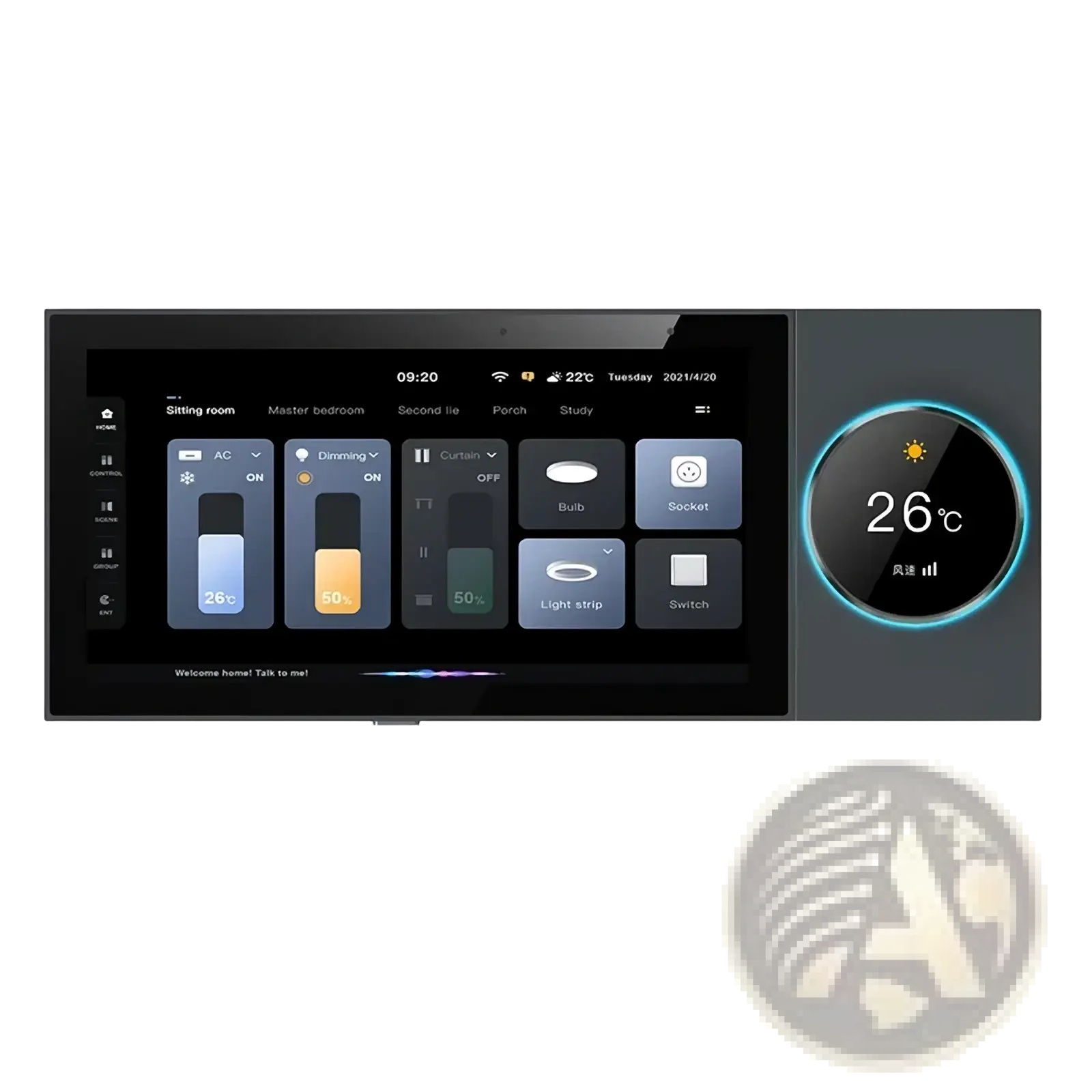 Black Tuya smart home control panel with touchscreen interface and circular digital temperature display for home automation