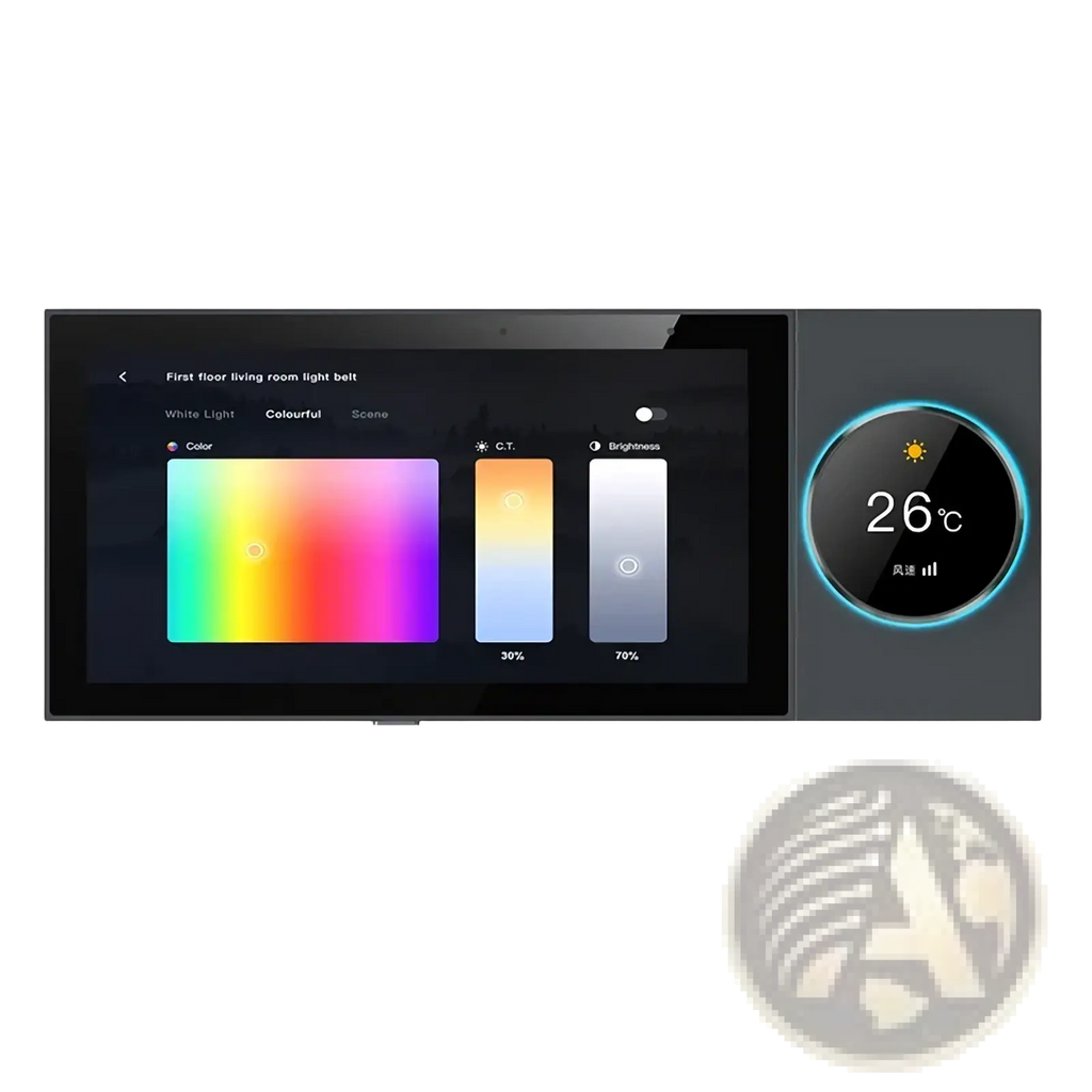 Black Tuya smart home control panel with touchscreen interface and circular temperature display for home automation