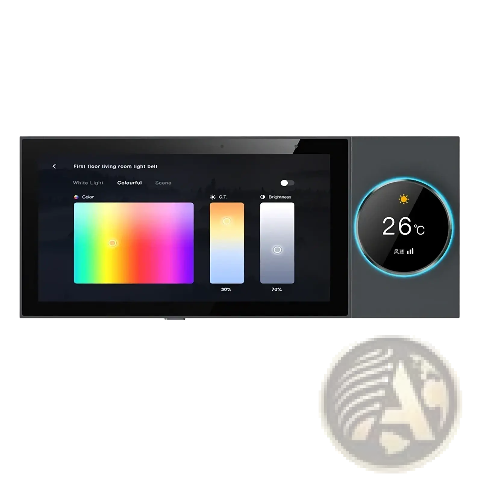Black Tuya smart home control panel with touchscreen interface and circular temperature display for home automation
