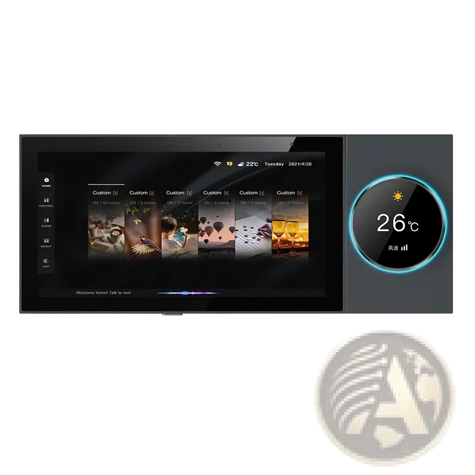 Tuya smart home control panel and audio amplifier black touchscreen with circular digital display showing 26°c temperature