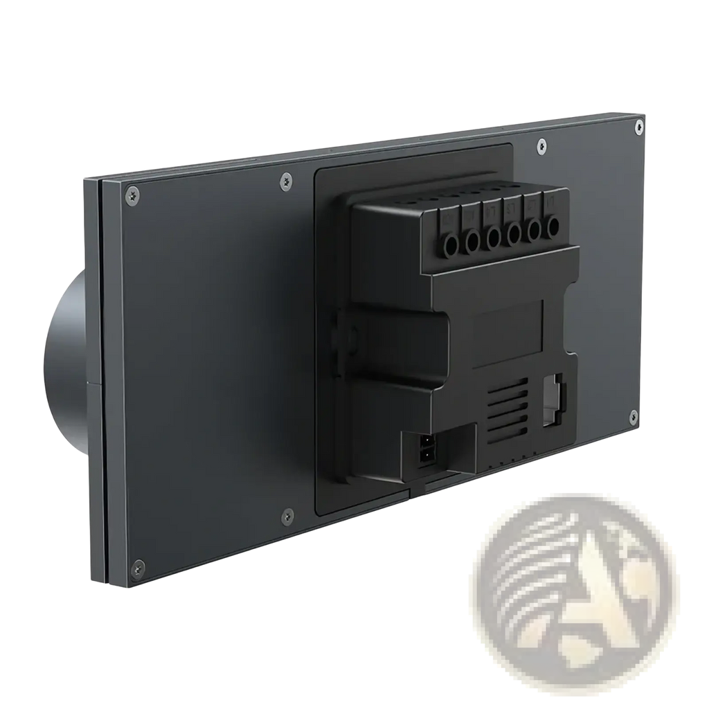 Black rectangular wall-mounted Tuya smart home control panel and audio amplifier with sleek modern design and visible mounting hardware