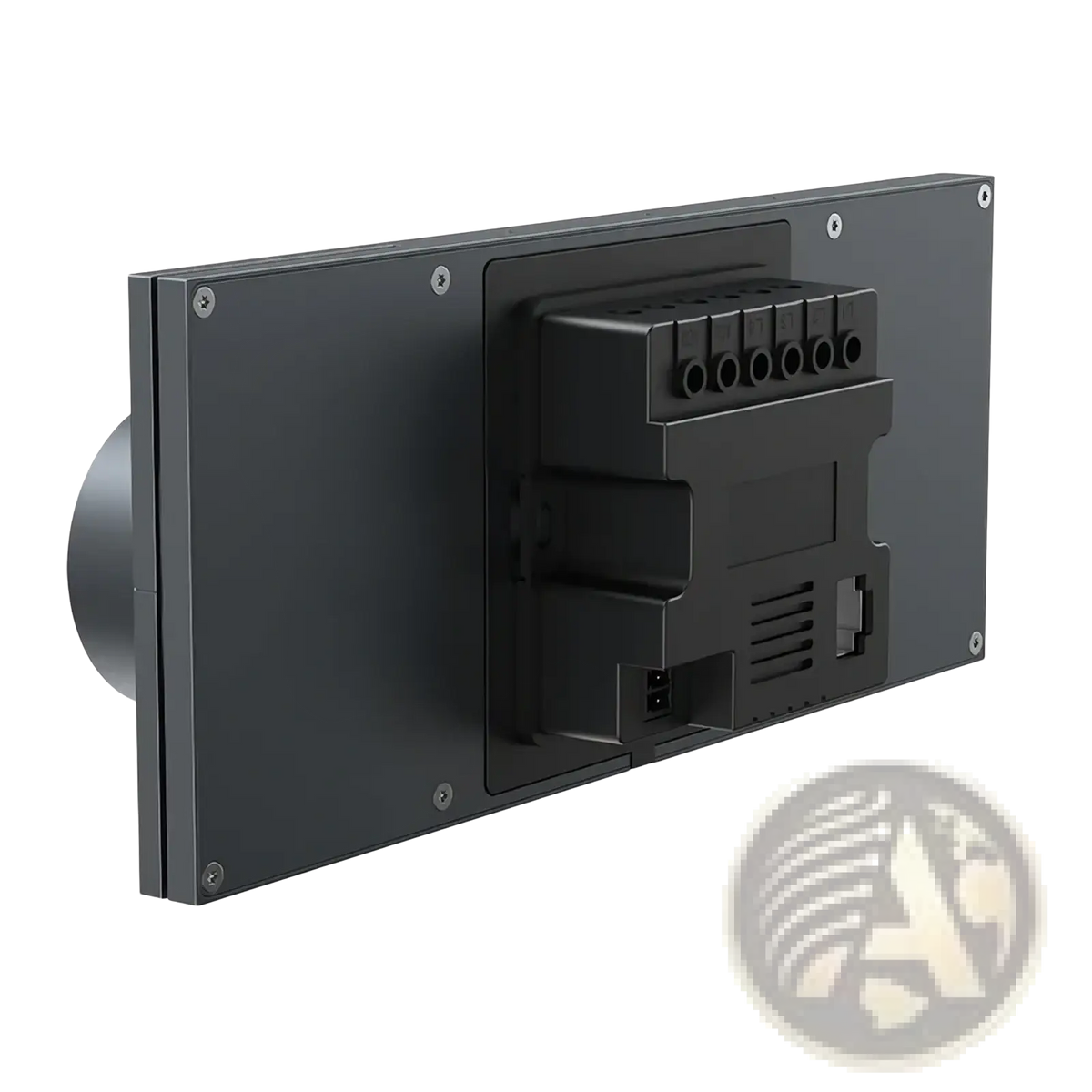 Black rectangular wall-mounted Tuya smart home control panel and audio amplifier with sleek modern design and visible mounting hardware