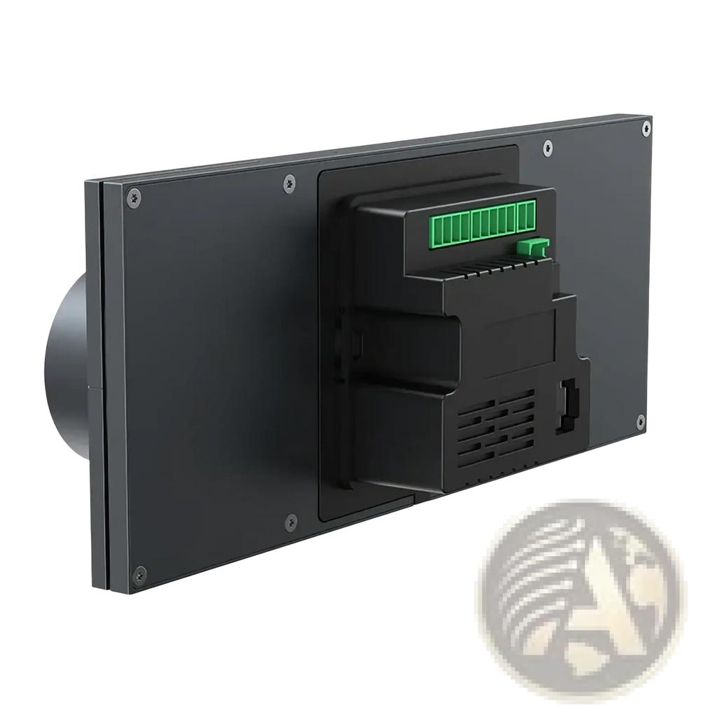 Black rectangular wall-mounted Tuya smart home control panel with green digital display and ventilation slots