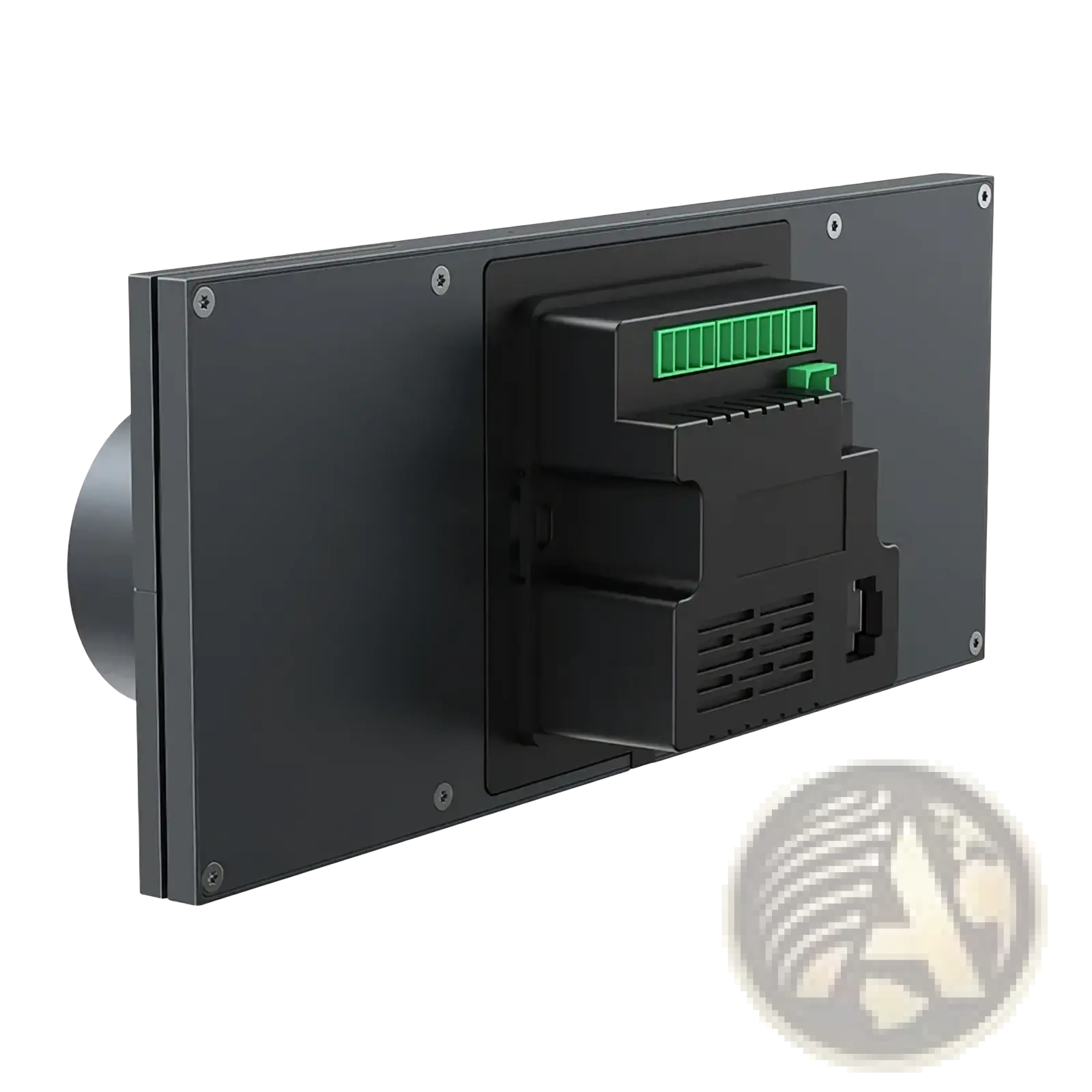 Black rectangular wall-mounted Tuya smart home control panel with green digital display and ventilation slots