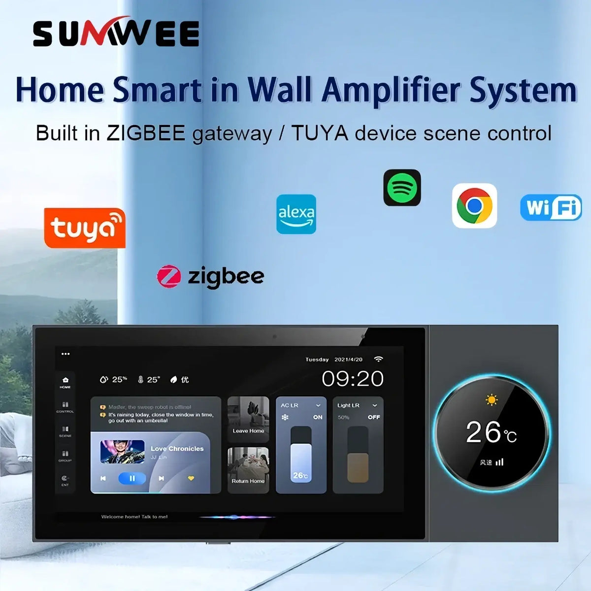 Black rectangular Tuya smart home control panel and audio amplifier with touchscreen display and circular temperature control