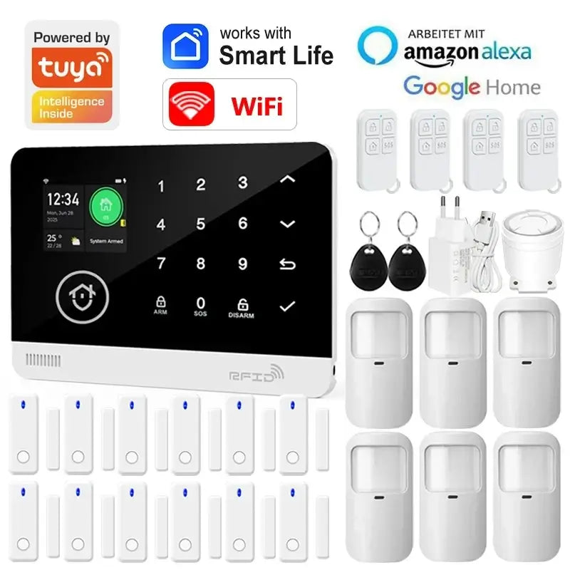 White Tuya smart home security alarm system panel with touchscreen keypad and integrated wifi for smart life app control