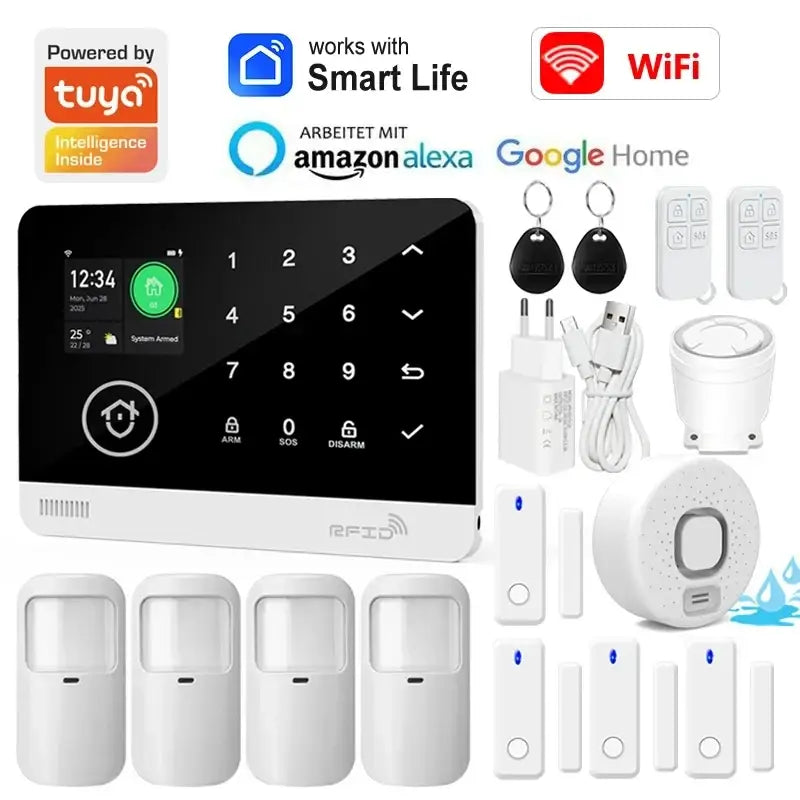 White tuya smart home security alarm system panel with touchscreen and keypad compatible with smart life app