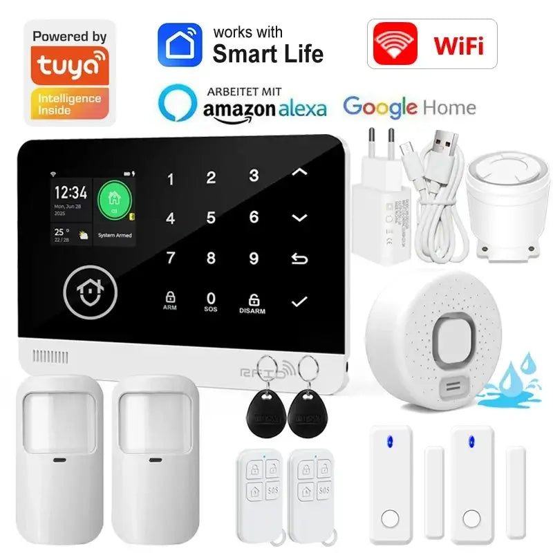 White tuya smart home security alarm system panel with touchscreen keypad compatible with smart life app