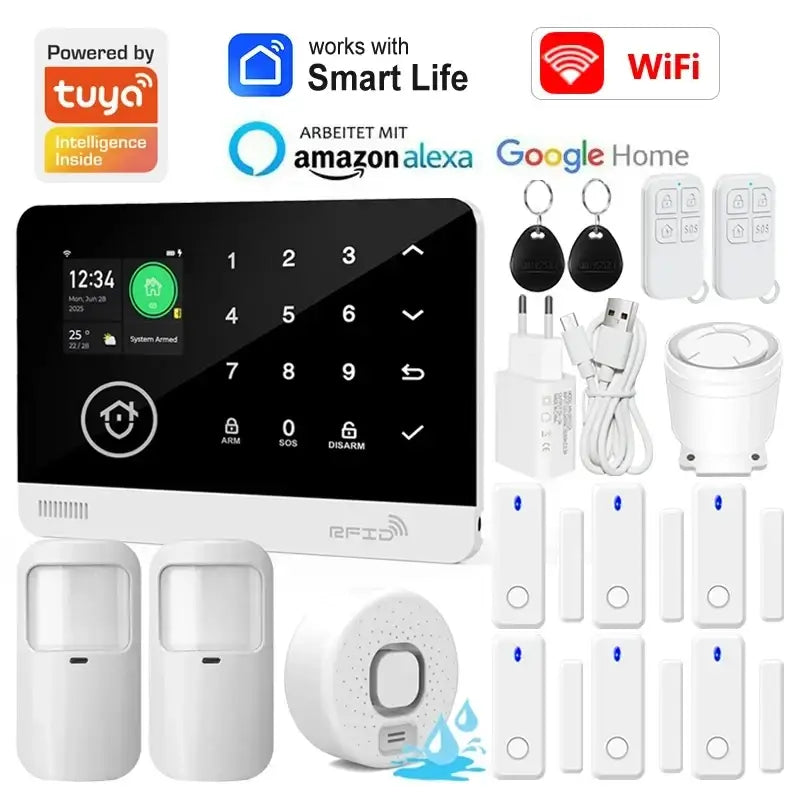 White tuya smart home security alarm system panel with touchscreen keypad supporting smart life app compatibility