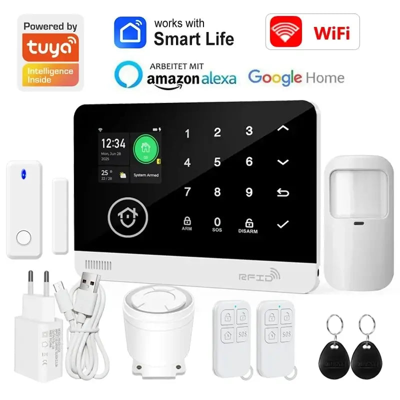 White tuya smart home security alarm system control panel with touchscreen and numeric keypad compatible with smart life app