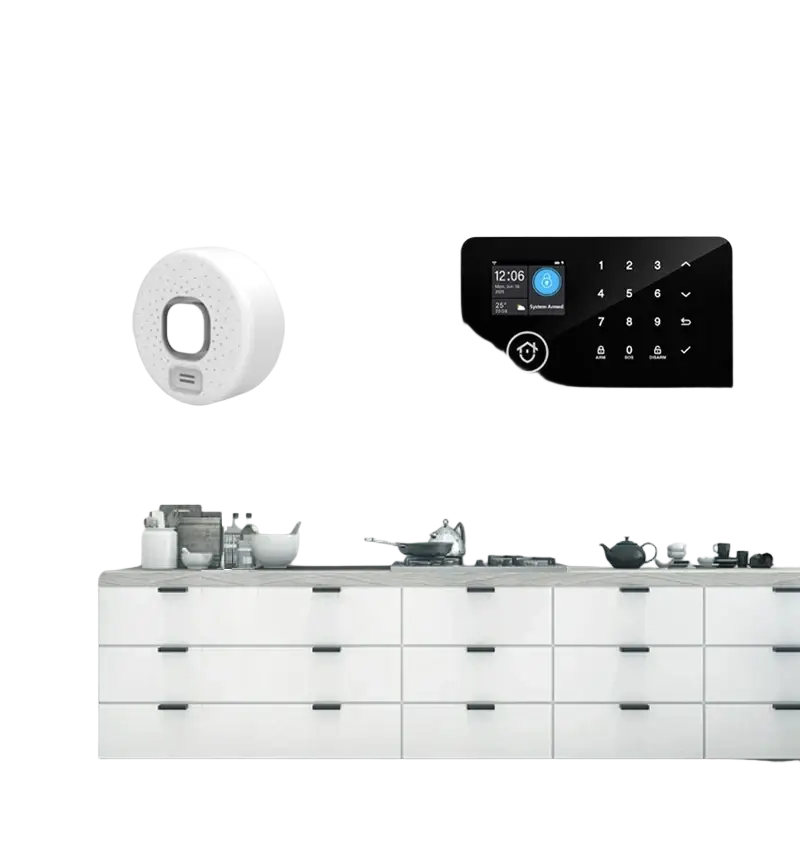 White circular water leakage alarm sensor with black touchscreen displaying time for tuya smart home smart life app