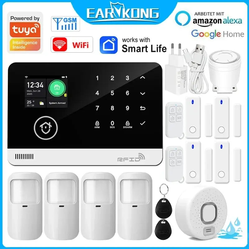 White tuya smart home security alarm system with touchscreen panel wireless sensors key fobs and smart life app control