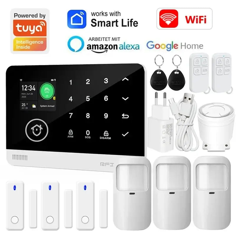 White tuya smart home security alarm system with touchscreen panel key fobs motion sensors and smart life app connectivity