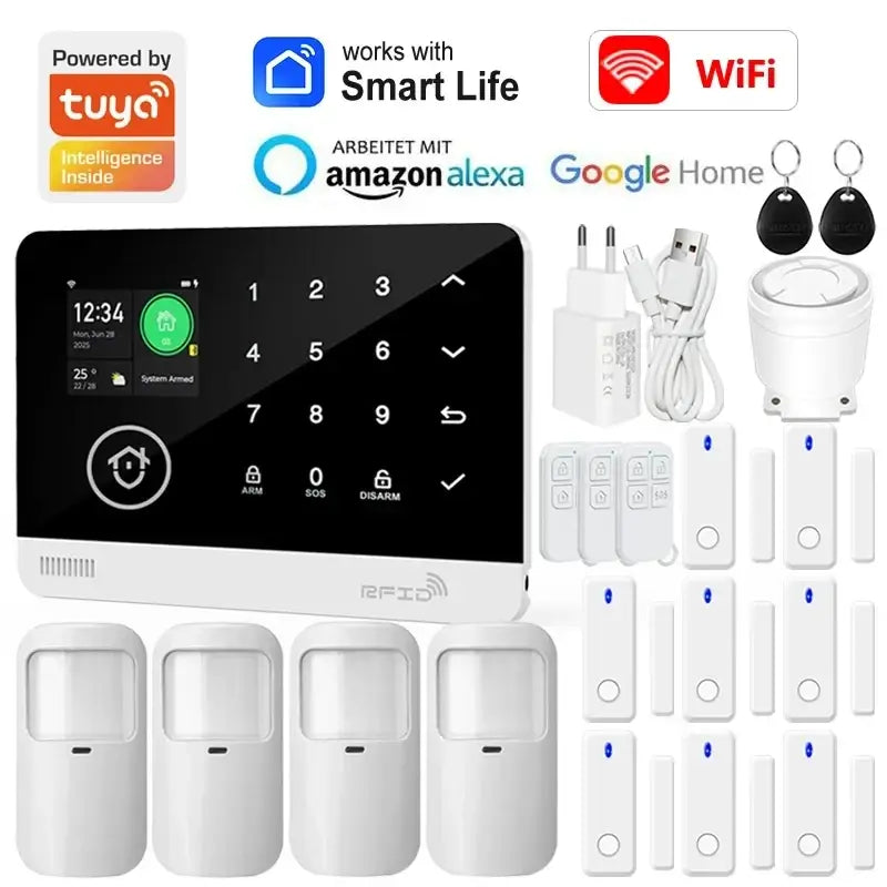 White tuya smart home security alarm system panel with touchscreen, keypad, and smart life app compatibility logos
