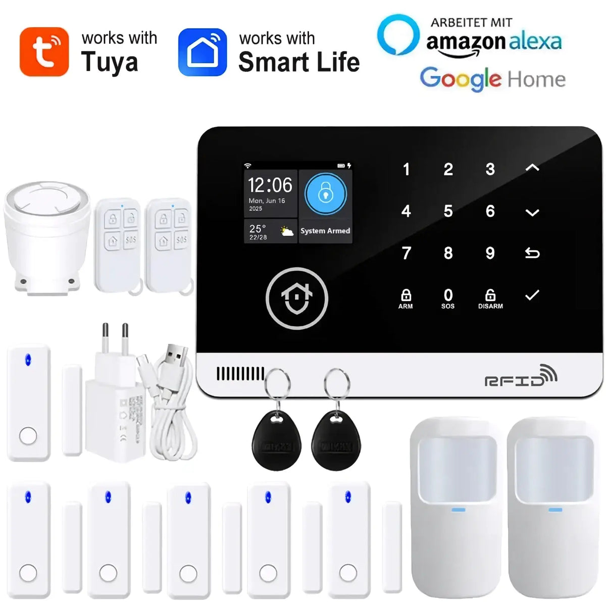 White tuya wifi gsm smart home security alarm system panel with black touchscreen display and numeric keypad