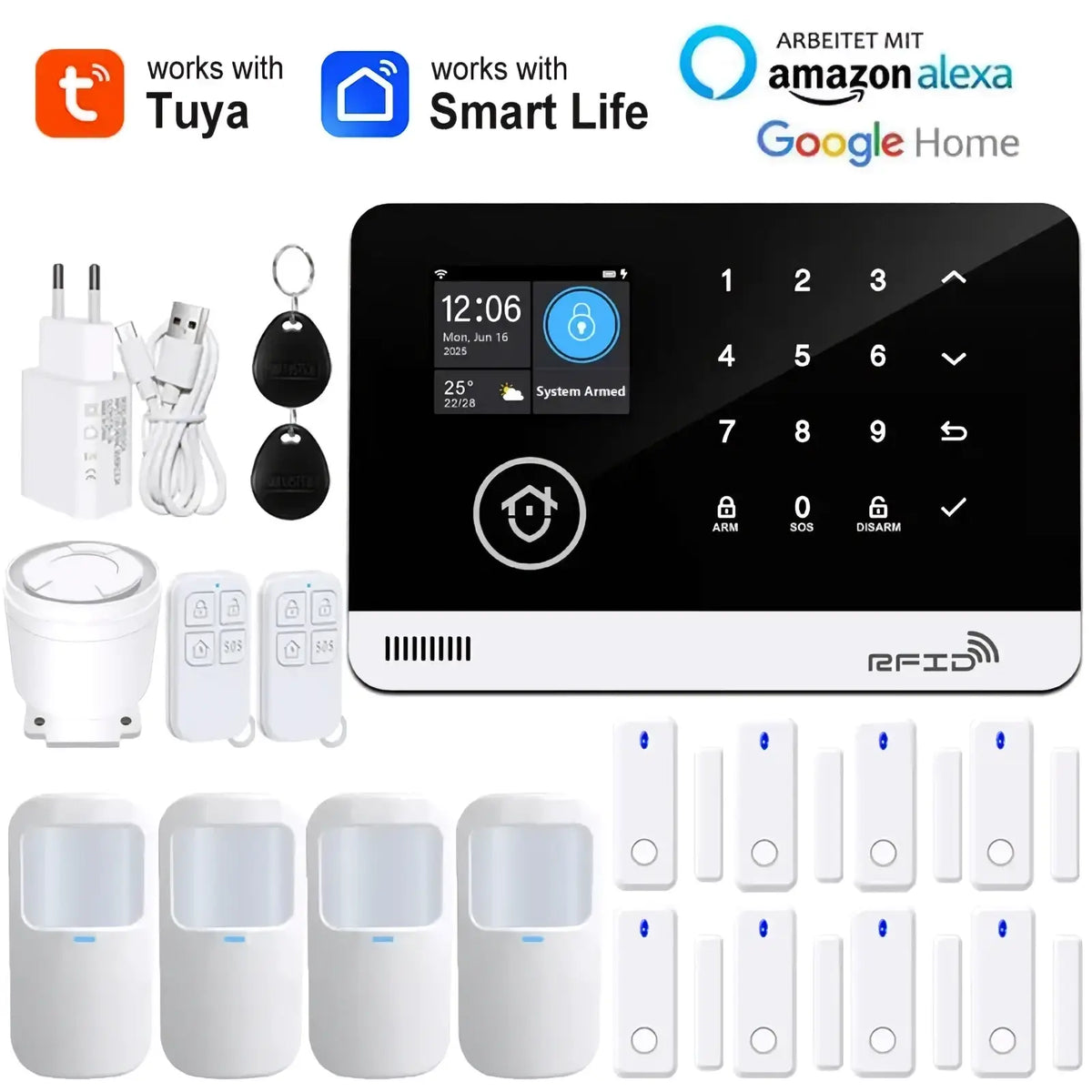 Tuya wifi gsm smart home security alarm system with a white rectangular panel and black touchscreen keypad display